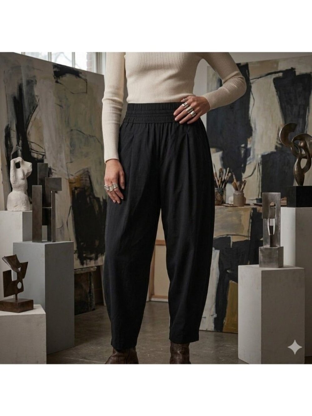 Oska Size 2 US 8 10 Black Nylon Stretch Blend Pull On Tapered Lagenlook Pants